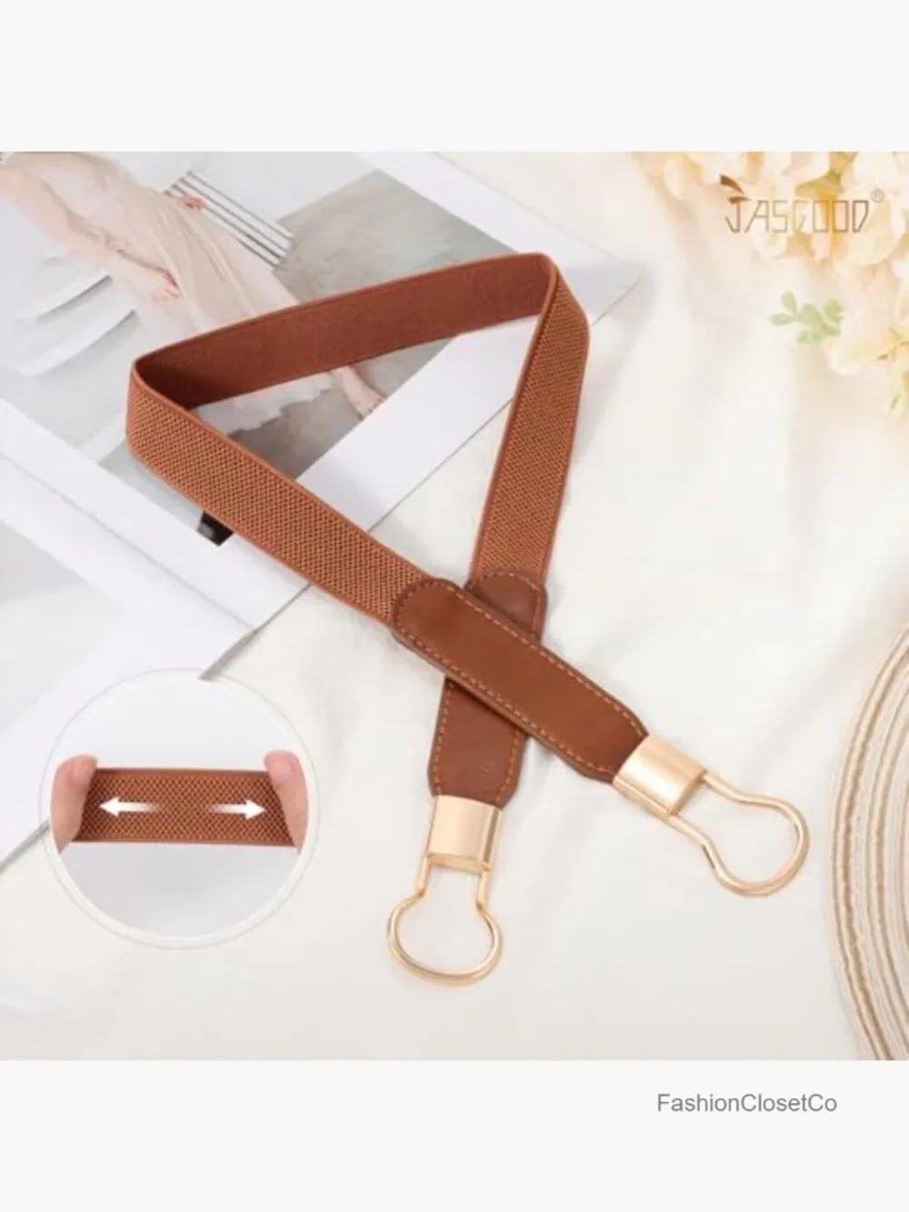 Women Retro Elastic Stretchy Skinny Waist Belt, 1 inch Wide, Metal Buckle, Faux